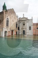High tide in Venice, Church of the Abbey of Misericordia, november 2019, Venice, Italy, Europe