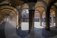 Rialto market arcades during Coronavirus lockdown, Venice, Italy, Europe