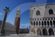 Venice Doge's Palace and San Marco bell tower during Coronavirus lockdown, Venice, Italy, Europe