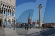 Venice Doge's Palace and San Giorgio Maggiore island during Coronavirus lockdown, Venice, Italy, Europe