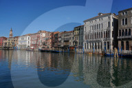 Reflections of the buildings in the calm water of the Grand Canal during Coronavirus lockdown, Venice, Italy, Europe