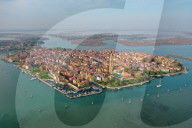 Aerial view of Burano island with Torcello island in the background, Venice Lagoon, Veneto, Italy, Europe