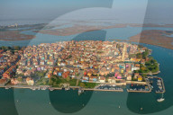 Aerial view of Burano island, Venice Lagoon, UNESCO World Heritage Site, Veneto, Italy, Europe