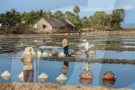 Piles of salt & workers harvesting the salt fields around the Praek Tuek Chhu River estuary south of the city, Kampot, Cambodia