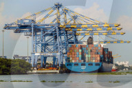Ship & cranes at Vallarpadam International Transshipment Container Terminal, a major Indian port; Kochi (Cochin), Kerala, India