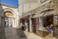 View of entrance to Euphrasian Basilica, old town, Porec, Istria, Croatia, Europe