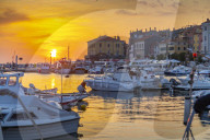 View of harbour and the old town at sunset, Rovinj, Istria, Croatia, Adriatic, Europe