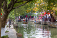 View of boats on waterway in Zhujiajiaozhen water town, Qingpu District, Shanghai, China, Asia