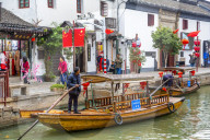 View of boats on waterway in Zhujiajiaozhen water town, Qingpu District, Shanghai, China, Asia