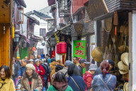 View of busy shopping street in Zhujiajiaozhen water town, Qingpu District, Shanghai, China, Asia