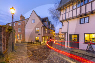 View of Elm Hill cobbled street and architecture at dusk, Norwich, Norfolk, England, United Kingdom, Europe