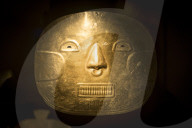 Funeral Mask Exhibit in The Gold Museum, BogotÃ¡, Cundinamarca, Colombia, South America