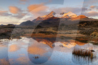 Wide angle view at sunrise of Sligachan River, Sgurr nan Gillean, Isle of Skye, Scotland, UK
