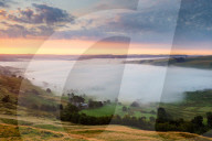 Temperature inversion at Hope Valley at sunrise, Mam Tor, Castleton, Peak District National Park, Derbyshire, England, UK