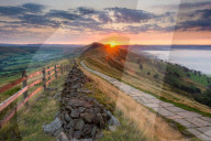 Temperature inversion at Hope Valley at sunrise, Mam Tor, Castleton, Peak District National Park, Derbyshire, England, UK
