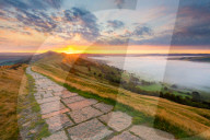 Temperature inversion at Hope Valley at sunrise, Mam Tor, Castleton, Peak District National Park, Derbyshire, England, UK