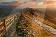 The Great Ridge at sunrise, Mam Tor, Castleton, Peak District National Park, Derbyshire, England, UK