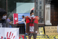 Brazilians protest in front of the Brazilian embassy, of the right wing president 