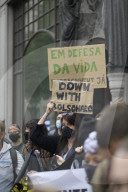 Brazilians protest in front of the Brazilian embassy, of the right wing president 