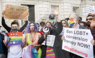 LGBT+ protestors highlight laws regarding gay conversion therapy during a demonstration outside The Cabinet Office, Whitehall, London, Great Britain 
23rd June 2021