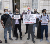 LGBT+ protestors highlight laws regarding gay conversion therapy during a demonstration outside The Cabinet Office, Whitehall, London, Great Britain 
23rd June 2021