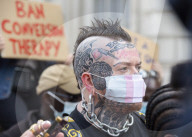 LGBT+ protestors highlight laws regarding gay conversion therapy during a demonstration outside The Cabinet Office, Whitehall, London, Great Britain 
23rd June 2021