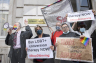 LGBT+ protestors highlight laws regarding gay conversion therapy during a demonstration outside The Cabinet Office, Whitehall, London, Great Britain 
23rd June 2021