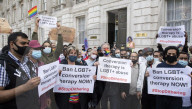 LGBT+ protestors highlight laws regarding gay conversion therapy during a demonstration outside The Cabinet Office, Whitehall, London, Great Britain 
23rd June 2021