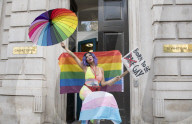 LGBT+ protestors highlight laws regarding gay conversion therapy during a demonstration outside The Cabinet Office, Whitehall, London, Great Britain 
23rd June 2021
