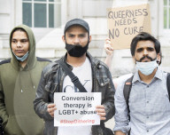 LGBT+ protestors highlight laws regarding gay conversion therapy during a demonstration outside The Cabinet Office, Whitehall, London, Great Britain 
23rd June 2021
