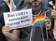 LGBT+ protestors highlight laws regarding gay conversion therapy during a demonstration outside The Cabinet Office, Whitehall, London, Great Britain 
23rd June 2021