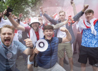 England fans roam around London's West End chanting and drinking before the Euros final match between England and Italy.