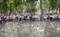 England fans roam around London's West End chanting and drinking before the Euros final match between England and Italy.