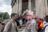 Fans celebrate ahead of England’s battle against Italy in the Euros final at Wembley. 