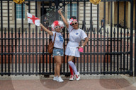 Fans celebrate ahead of England’s battle against Italy in the Euros final at Wembley. 