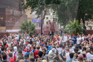 Fans celebrate ahead of England’s battle against Italy in the Euros final at Wembley. 