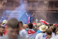 Fans celebrate ahead of England’s battle against Italy in the Euros final at Wembley. 