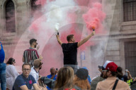 Fans celebrate ahead of England’s battle against Italy in the Euros final at Wembley. 