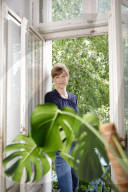 Mariana Leky in her apartment in Prenzlauer Berg district, Berlin