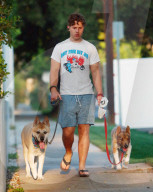 Rarely seen Modern Family child star Nolan Gould enjoys a relaxing evening dog walk in his LA neighborhood.  