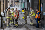 Fire at Westminster Station as severe flooding hits London after torentail rain last night. 