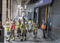 Fire at Westminster Station as severe flooding hits London after torentail rain last night. 