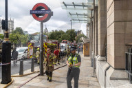 Fire at Westminster Station as severe flooding hits London after torentail rain last night. 