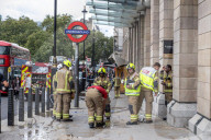 Fire at Westminster Station as severe flooding hits London after torentail rain last night. 