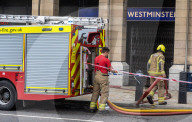 Fire at Westminster Station as severe flooding hits London after torentail rain last night. 