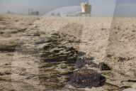 Huntington Beach oil spill blackens beaches and waves.