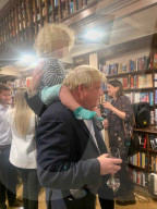 Boris Johnson and son Wilfred at Stanley Johnson book launch.