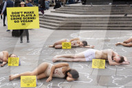 Protestors lie ‘dead’ in meat industry ‘crime scene’ on world vegan day, Piccadilly Circus, London, UK.