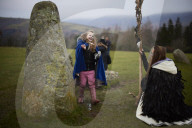 Winter solstice 2021 celebrations. Dawn at Castlerigg stone circle near Keswick, Cumbria.  Revellers in England and Ireland mark the shortest day of the year and official first day of winter.