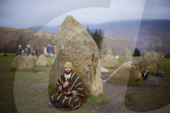 Winter solstice 2021 celebrations. Dawn at Castlerigg stone circle near Keswick, Cumbria.  Revellers in England and Ireland mark the shortest day of the year and official first day of winter.